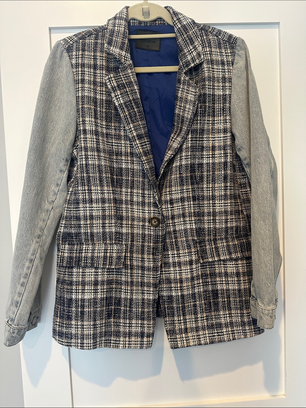 Women's Navy Plaid Blazer with Light Denim Sleeves